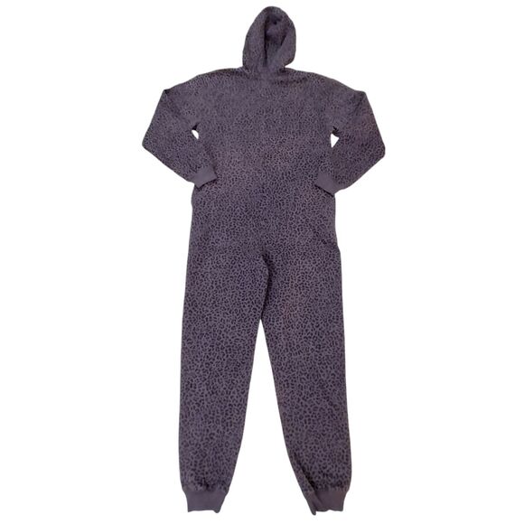 Fabletics Fleece Hooded Onesie Jumpsuit Womens Small Purple Black Leopard Print - Picture 6 of 11